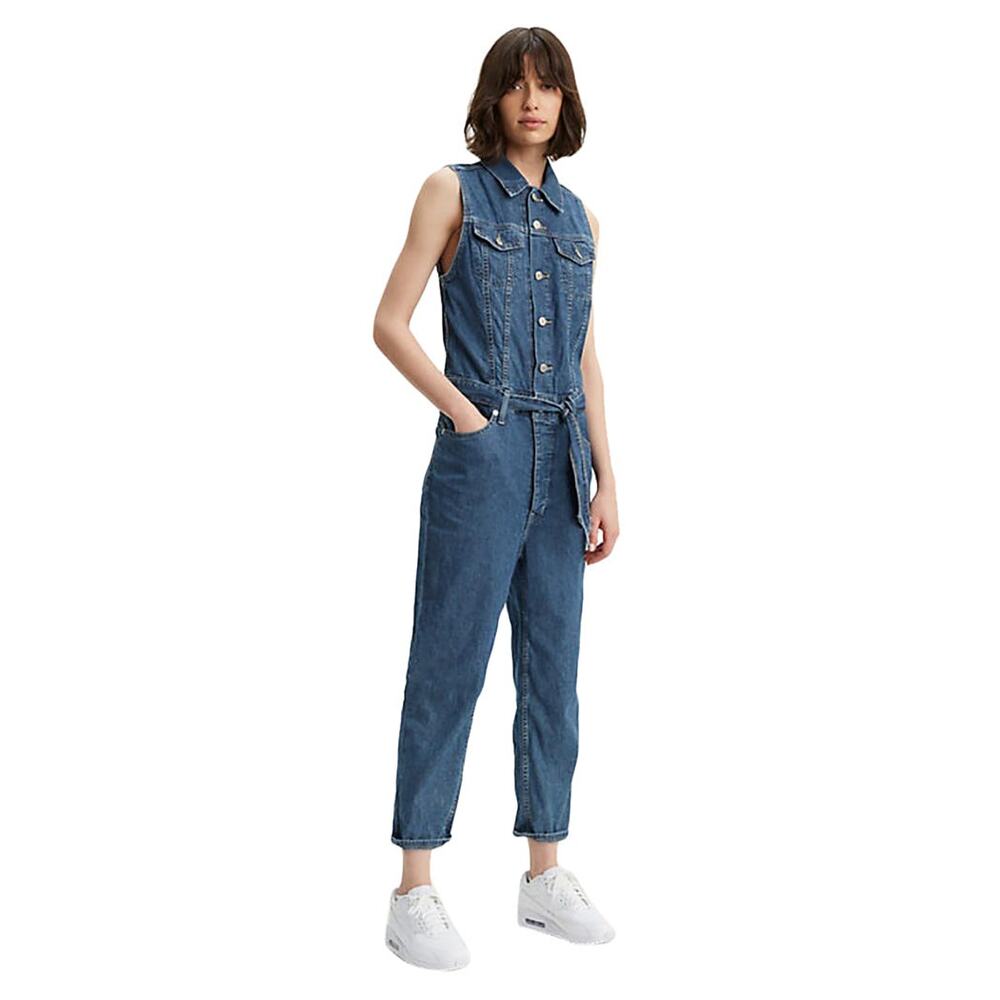 Levi’s Cropped Taper Jean Jumpsuit Denim Sleeveless Trucker Style Belted Size XS